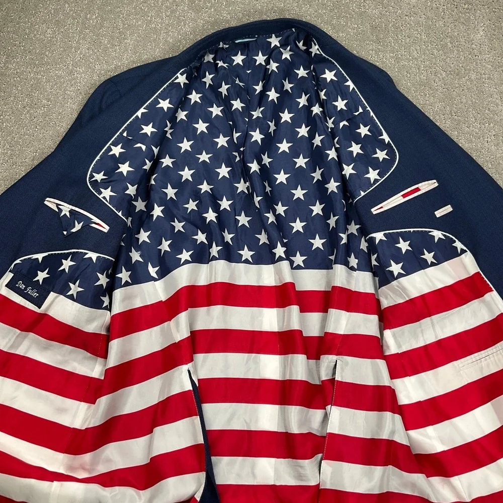 Bespoke Patriotic Suit Mens 52L Blue Birdseye American Flag Lined Holiday